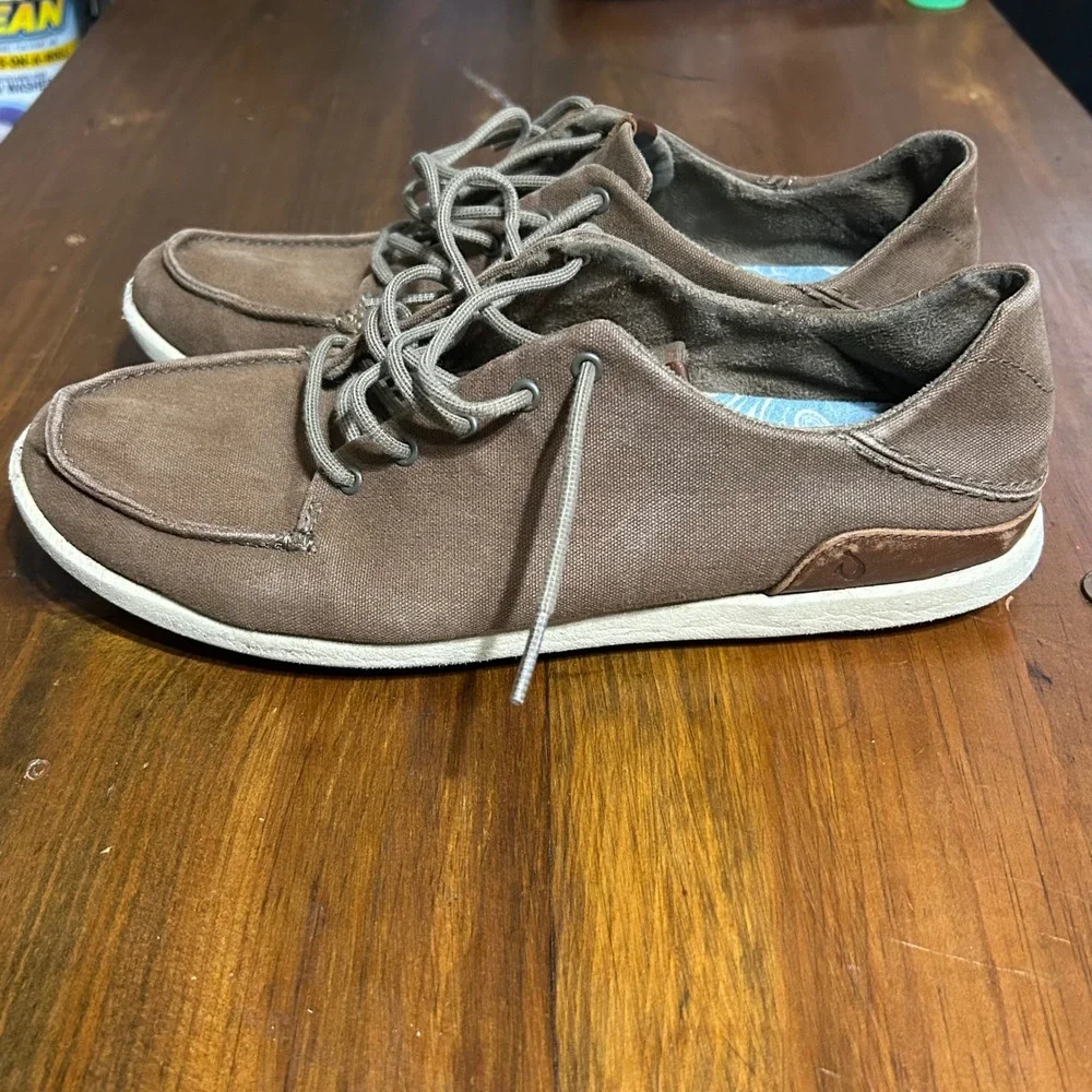 OluKai Manoa Mens 10 Canvas Sneakers Brown Lace Up Shoes 10331-1333